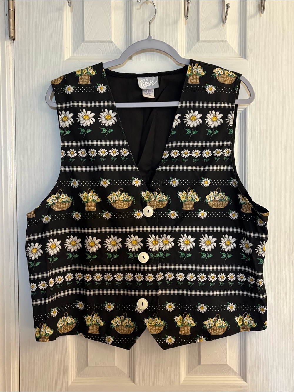 Vintage Blair Daisy Floral Basket Vest Black Cottagecore 90s Boho Size Large.